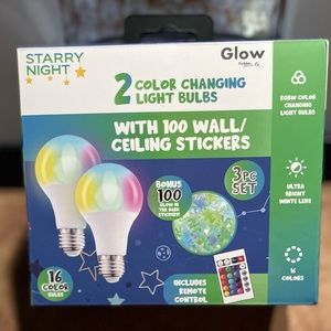 NIB GLOW STARRY NIGHT COLOR CHANGING LIGHT BULBS WITH REMOTE & GLOW STICKERS